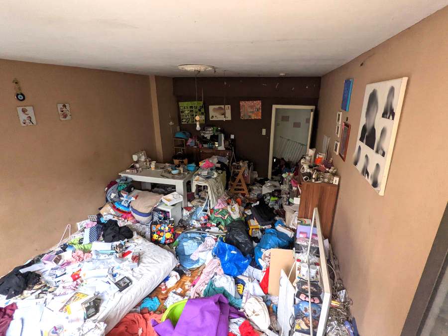 Entrümeplung in Darmstadt vorher: Ein vollgestelltes Messie-Wohnzimmer ist zu sehen.